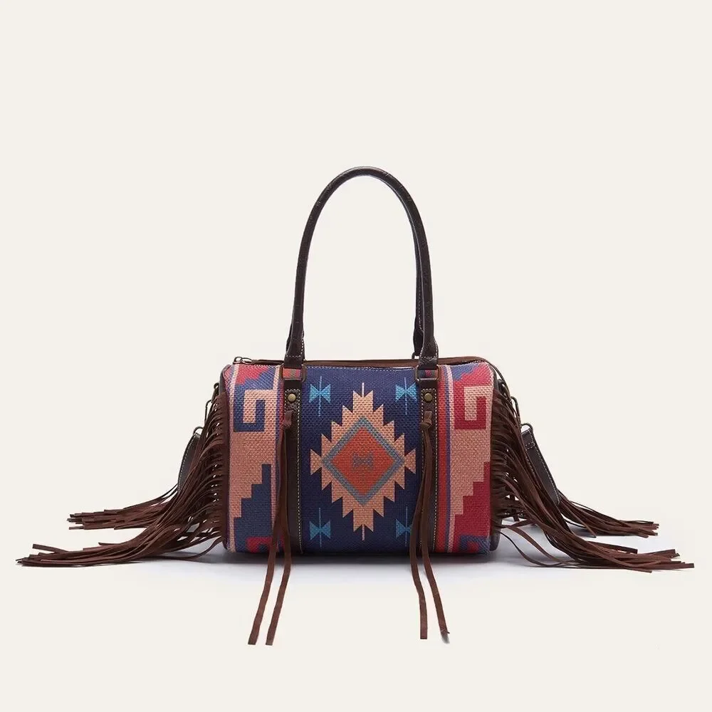 Ethnic Aztec Print Purple Fringed Boston Satchel Handbag for Women Tourist